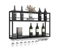 Botellero de pared para copas de vino, botellero de dos niveles, estante decorativo con barandilla, soporte para botellas y copas, soporte para colgar flores y plantas (negro, 120 x 20 x 65 cm)