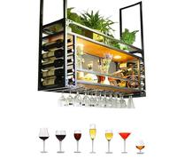 Botellero de techo LED de 110 cm con soporte de cristal, estante colgante de hierro ajustable para cocina, bar, estilo simple, soporte para copas de madera y metal, perfecto para decoración del hogar