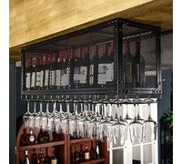 Botellero de techo negro vintage con soporte de vidrio y organizador de botellas de rejilla de almacenamiento de metal para bar en casa, 100 x 35 x 45 cm, perfecto para los amantes del vino y la