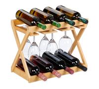Relaxdays Botellero con Soporte para Copas, 8 Botellas y 6 Vasos, Bambú, 35 x 45 x 23 cm, Estante Vino Vertical, Natural
