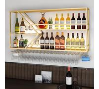 Botellero flotante con luz LED, estantes grandes de metal para barra, expositor para botellas de licor con soporte para copas, soporte multifuncional para vino de pared, diseño compacto (dor