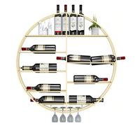 Botellero flotante redondo de metal con soporte para copas - Moderno estante industrial de pared para botellas de licor, ideal para decoración de bar en casa, organizador dorado que ahorra e