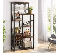 Botellero industrial de 5 niveles con soporte para copas y almacenamiento, exhibición de vino independiente para bar, cocina, comedor, gabinete marrón rústico, elegante organizador de bar de vinos
