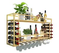 Botellero industrial de metal montado en la pared con soporte para vidrio, almacenamiento de gran capacidad para botellas de vino y copas, estante de vino colgante dorado, 39.4 x 21.6 x 10 pulgadas
