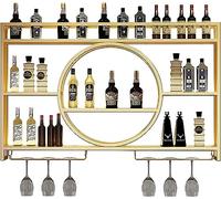 Botellero industrial de metal negro montado en la pared con estante de vidrio flotante para el hogar, restaurante, bar, moderno soporte de hierro, estantes redondos para vino (dorado, 120 x 15 x 80