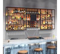 Botellero industrial de pared con soporte de metal para vidrio de luz LED para exhibición y almacenamiento elegantes, estante de vino negro de 200 cm/78 con portavasos, perfecto para el bar en casa y