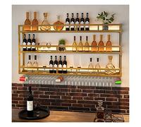Botellero industrial LED montado en la pared de 3 niveles de metal rústico y estante de cristal, elegante barra de almacenamiento para el hogar y el comedor, acabado dorado, 100 x 25 x 90 cm