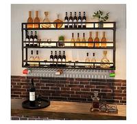 Botellero industrial LED montado en la pared, rústico de metal de 3 niveles para colgar botellas y estante de vidrio, almacenamiento de barra negra para el hogar y el comedor, 100 x 25 x 90 cm