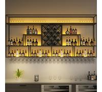 Botellero industrial montado en la pared con luz LED, moderno soporte para botellas de metal, ahorro de espacio, estante de vino montado en la pared (300 x 128 cm)