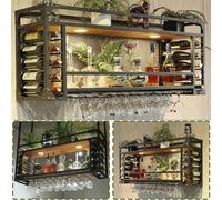Botellero montado en la pared con soporte para copas y estante Estante para copas de vino colgante de hierro de estilo simple y estante de metal negro para el hogar, restaurante y bares 120x30x50cm
