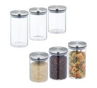 Relaxdays Botes Cristal, Juego de 6, Recipientes Cocina, Tapa Acero Inoxidable, Tarros Herméticos, Transparente/Plata, 650 ml, 800ml y 1L