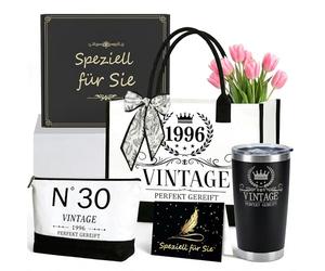 BOTEWO 30 regalos de cumpleaños para mujeres bolso de lona: vintage 1996 bolso de lona conjunto de bolso resistente reutilizable set de regalo con bolsa de cosméticos taza térmica para mujeres