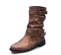 Botín elegante para niña a la moda con hebilla de piel a mitad de la pantorrilla, cómodas botas Slip-on Botas de invierno bajas jardín, marrón, 38 EU