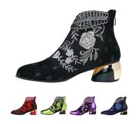Botines brillantes para mujer, con diamantes de imitación del Reino Unido, botas elegantes con bordado de flores, botas retro puntiagudas, botas cortas de tacón medio, zapatos cortos para mujer