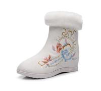 Botines Cálidos De Invierno con Forro De Piel Y Bordado De Flores Botas Cortas Hanfu De Estilo Tradicional Chino para Mujer Shoes De Nieve con Cuña Oculta Zapatos Orientales(White,38 EU)