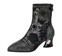 Botines casuales de piel para mujer con tacón, zapatos de mujer, moda, encaje sexy, pedrería, bordado, tejido de malla, botas cortas, punta puntiaguda, botas de lluvia gruesas, impermeables y ligeras,