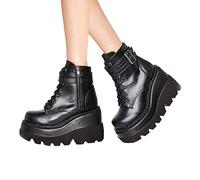 Botines casuales mujer Zapatos de tacón con plataforma cuña multicolor Botines para mujer Moda para mujer Cremallera Botas plataforma gruesa Zapatos impermeables punta redonda Bota,Negro,US5