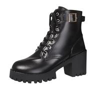 Botines con cordones para mujer, color negro, plataforma, tacón | Botas de motorista, suela de perfil antideslizante, botas cortas para otoño e invierno, botas con cordones, redondas