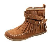 Botines con Flecos de Color sólido Informales para Mujer, cómodos, Planos, de Cilindro Medio, Cabeza Redonda, Botas Occidentales de Talla Grande, Estilo Boho y práctico para otoño_2