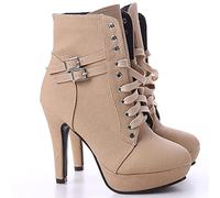 HOTRA Botines con Plataforma para Mujer Tacón Grueso Botines de Combate Sexy Punta Redonda Encaje Hebilla del Cinturón Zapatos de Tacón (Color : Beige, Size : 39 EU)
