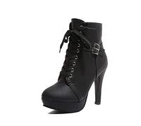HOTRA Botines con Plataforma para Mujer Tacón Grueso Botines de Combate Sexy Punta Redonda Encaje Hebilla del Cinturón Zapatos de Tacón (Color : Negro, Size : 39 EU)