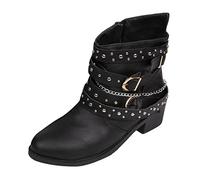 Botines con tachuelas para mujer, con hebilla de cinturón, botas cortas de cuero de moda, botas de tacón de bloque medio bajo, suela de goma, cómodas botas de invierno con forro cálido, Black, 37.5 EU