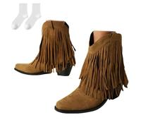 Botines Cowboy Mujer con Flecos, Botines Western con Cuña Punta Redonda, Botines Cortos Estilo Boho, Calzado Cómodo Otoño Invierno para Uso Diario Ocio y Viaje,Marrón,38 EU