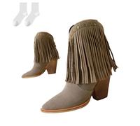 Botines Cowboy Western Mujer Con Tacón 9,5 Cm, Botas De Punta Con Flecos Y Tachuelas Calzado Elegante Otoño Invierno Cómodo Para Fiestas Y Ocio,Beige,35 EU