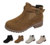 Botines de ante para mujer con correa de hebilla y puntera redonda, plataforma clásica y cómoda, botas cortas de tacón bajo y grueso, cómodas, zapatos de ajuste ancho para fiestas de disfraces, Brown