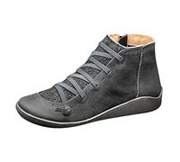 Botines de cuero para mujer, botas cortas con cordones, cremallera lateral, zapatos de moda, retro, planas, cortas, casuales, botines, botas de invierno, gris, 36 EU