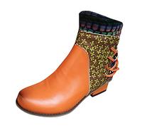 Botines de cuero para mujer, botas cortas para mujer, con tacón, retro, romano, zapatos casuales con patrón de estilo étnico, moda patchwork, cremallera lateral, punta redonda, zapatos de fiesta