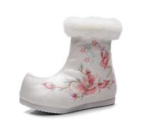 Botines De Estilo Chino con Bordado De Flores para Mujer Botas De Nieve Cálidas con Forro De Felpa para Invierno Botas De Baile De Estilo Étnico Zapatos Hanfu De Cuña Oculta(White,38 EU)