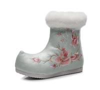 Botines De Estilo Chino con Bordado De Flores para Mujer Botas De Nieve Cálidas con Forro De Felpa para Invierno Botas De Baile De Estilo Étnico Zapatos Hanfu De Cuña Oculta(Sky Blue,39 EU)