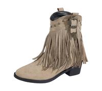 Botines de gamuza con flecos, color sólido, tacón grueso, punta redonda, para mujer, casual, parte inferior plana, con cremallera corta, Khaki, 38.5 EU