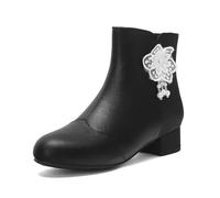 Botines De Invierno Botas Cortas Con Forro De Felpa for Mujer Bonitos Botines Con Flores De Encaje Botas De Estilo Chino Con Bordados Florales Zapatos De Tacón Bajo De Cuero De PU(Black,42 EU)