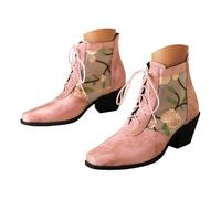 Botines de malla bordada con flores para mujer, estilo étnico, estilo étnico, estilo vaquero occidental, estilo retro con cordones, puntera cuadrada, puntera cuadrada, Rosado, 37 EU