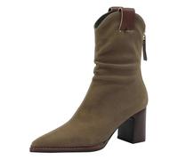 Botines de mujer Botas de media altura con tacón ancho Botas de vaquero con punta media pantorrilla para mujer Botas clásicas de ante occidental cómodas botas de entretiempo gruesas de fondo grueso