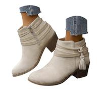 Botines de Mujer con Flecos, Botines Cortos Moda Mujer con Cremallera Lateral, Tacón Bajo Cómodo para Uso Diario en la Ciudad, Calzado Sintético Estilo Western Ideal para Otoño e Invierno