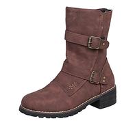 Botines de piel para mujer, con plataforma, con puntera redonda, retro, estilo vaquero, correa de hebilla, botas de media altura, a la moda, con cremallera lateral, botas de motorista, para mujer