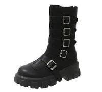 Botines de piel para mujer, con plataforma, punk, motero, con hebilla | Botines de punta redonda con tacón de bloque, antideslizantes, resistentes a la abrasión, botas de combate, Rockabilly