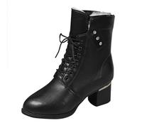 Botines de piel para mujer con tacón, botas cortas retro, botas de entretiempo, tacón de bloque de media altura, botas de piel sintética para mujer, botas cálidas de invierno, botas de entretiempo