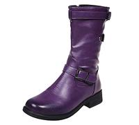 Botines de Piel Sintética para Mujer - Elegantes Botas Occidentales Anchas y Altas Con Hebillas - Equitación y Invierno - Tallas 35-43, Morado, 37