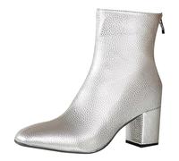 Botines de piel sintética para mujer, punta cuadrada, tacón grueso, sin cordones, a media pantorrilla, botas con cremallera trasera, zapatos casuales para caminar, Silver, 37.5 EU