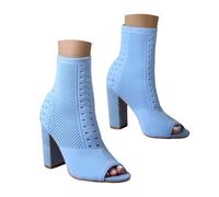Botines de punto con puntera abierta para mujer, con puntera abierta, transpirables, huecos, con tacón grueso, Blue, 38 EU