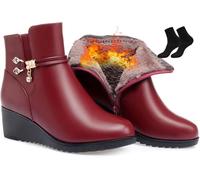 Botines de tacón de cuña negros para mujer, botines de vestir elegantes, plataforma de piel suave, cremallera lateral, con diamantes de imitación brillantes, botas de nieve gruesas, rojo A, 33.5 EU