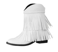 Botines de vaquero para mujer con flecos, botas de tacón grueso cómodas para mujer, botas de invierno con suela gruesa, botas de tobillo de transición, antideslizantes, para el tiempo libre, Blanco