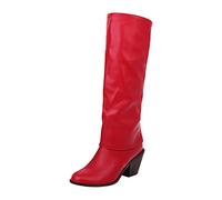 Botines de Verano para Mujer New Flanging Dos Botas de Piel de Pelo Plisado Estilo Vaquero Occidental con Tacón Grueso Mostrar Botas Medias Delgadas Botas Negras 40, rojo, 42 EU