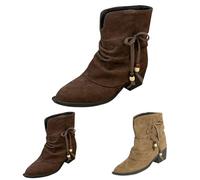 Botines estilo occidental para mujer, estilo retro, de ante | Botas bajas de caña corta con tacón de bloque, elegantes botas plegables, cómodas botas cortas y anchas para festivales