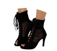 Botines genéricos para mujer, de moda, botines de verano, 9,5 cm, tacón alto, aguja fina, negra, de tejido de malla transpirable, punta abierta, cordones, estilo botines elegantes de noche, Negro88