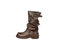 Botines Impermeables de Cuero para Mujer: Estilo Western con Puntera Redonda, Hebilla y Detalle Plisado, Antideslizantes para Trabajos Duros, Montar a Caballo y Uso Informal.